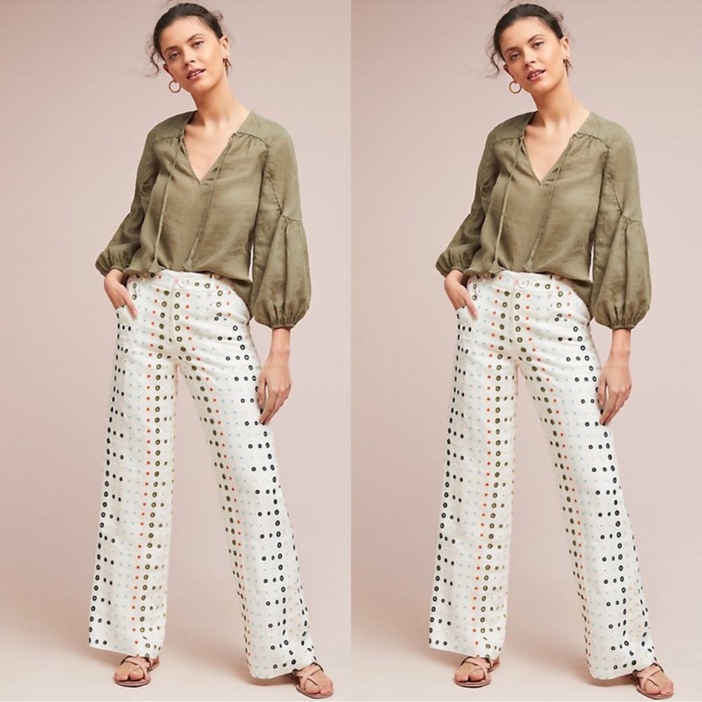 Anthropologie Olive Top with White Wide-Leg Eyelet Pants
